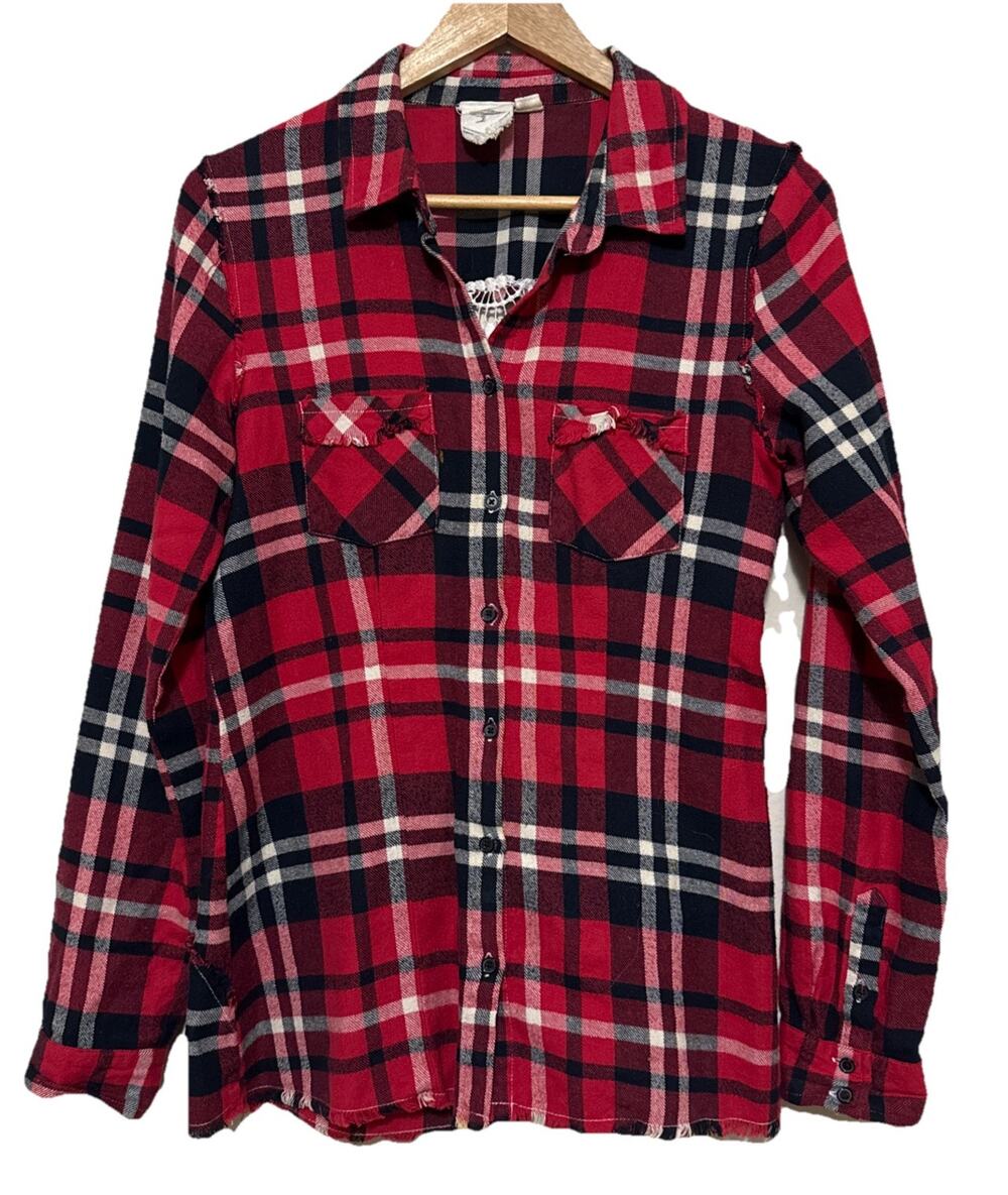 By Anthropologie Plaid Lace Button Down Blouse Top Red Medium